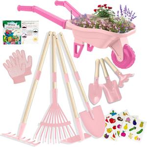 Kids Gardening Set with Wheelbarrow, Real Metal Garden Tools for Kids Ages 3-8, 4 Long Handle Tools, 3 Hand Tool, Gloves, 5 Stickers, Handbook, Outdoor Backyard Toys for Toddler Gift (Pink)