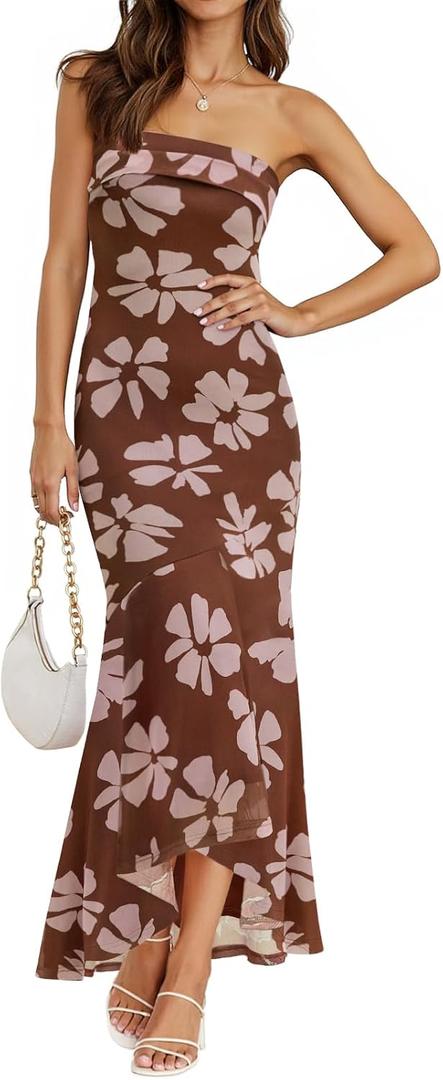 MEROKEETY Women's Summer Strapless Floral Maxi Dress 2026 Bodycon Mesh Wedding Guest Cocktail Party Tube Dresses (XL)