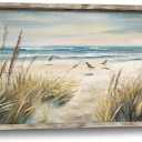 Beach Coastal Framed Wall Art: Ocean Sea Bird Seagull Painting Picture Wooden Peaceful Seaside Sand Seascape Artwork Print Decor for Bedroom Living Room Office