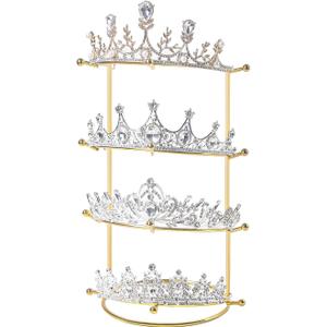 Byken 4 Tier Crown Holder,Tiara Organizer,.Golden Bridal Headdress Display Stand for Selling,Headband Ear Crown Storage Tower,Jewelry Holder for Girls Wedding Home Shop Store (Gold)