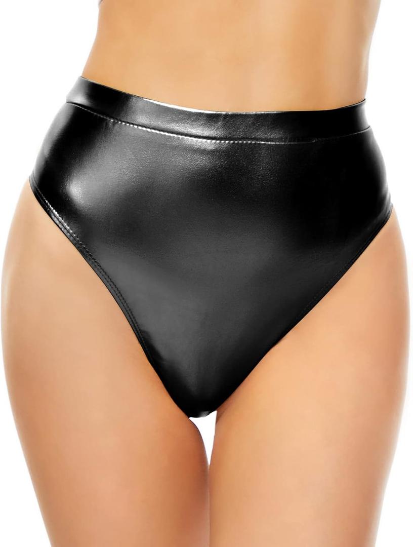 Kepblom Women's Thong Metallic Rave Bottoms Shiny High Waisted Panties for Festival Clubwear Dancing (Black)