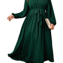 SCOMCHIC Women Plus Size Maxi Dress Long Sleeve Square Neck Wedding Guest Cocktail Belted Elegant Flowy A Line Long Dresses, Dark Green, XL