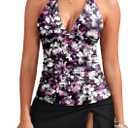Yonique 2 Piece Swimsuits for Women Halter Tankini Top with Skirt Bottom Tummy Control Bathing Suit (XX-Large, Purple Floral)