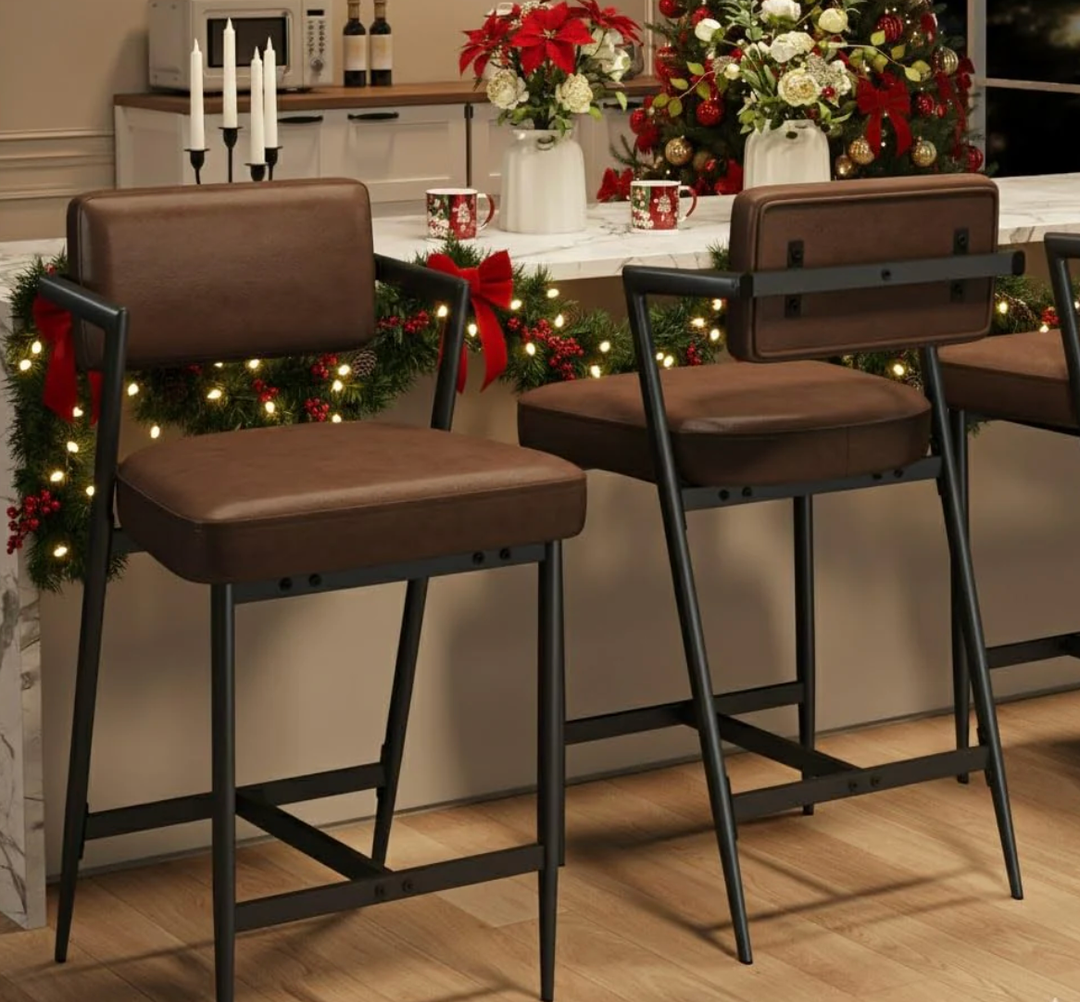 Garvee Bar Stools Set of 2 with Backrest and Footrest, 27" Tall PU Leather Counter Height Barstools with Thick Cushion and Metal Legs for Kitchen and Island, Black