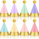 40 Pcs Mini Party Hats with Pompoms, Glitter Stuffed Animals Birthday Party Cone Hat for Stuffed Animals Pets Party (Macaron Color,2 x 3 Inch)