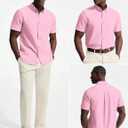 PJ PAUL JONES Mens Dress Shirts Oxford Button Down Shirt Short Sleeve Business Casual Untucked Shirts with Pocket (Pink, L)