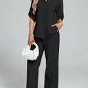 BWQ Womens linen 2 Piece Outfits Long Sleeve Button Down Shirt Wide Leg Pants Lounge Set S-2xl (Black, L)