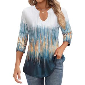 Uhiger Womens 3/4 Sleeve Tops Business Casual Blouses V Neck Pleated Shirts Peasant Tunic Tops Dressy Casual Work Outfits (S)