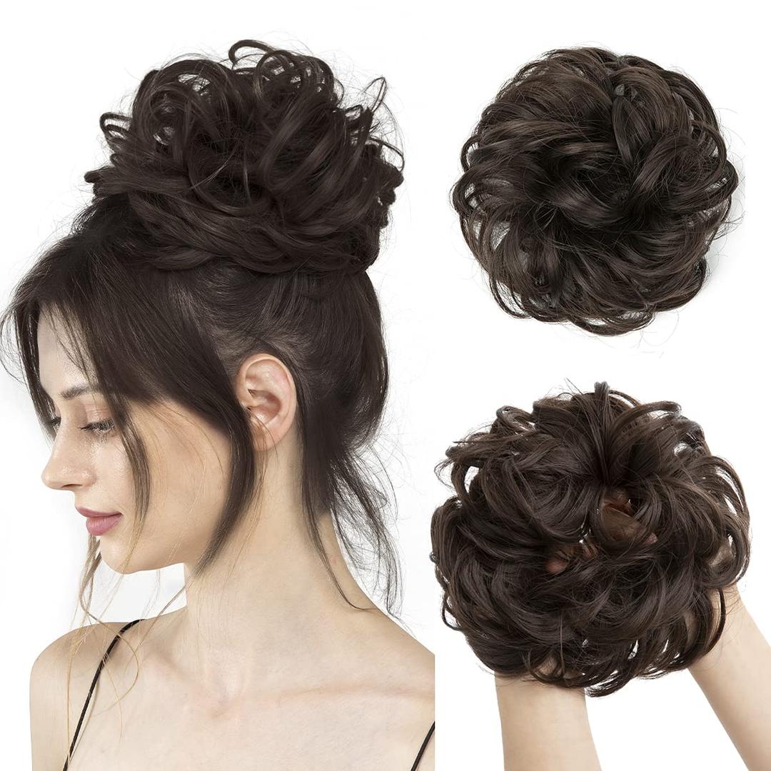 CJL HAIR Large Messy Bun Hair Piece Wavy Curly Scrunchies Synthetic Chignon Ponytail Hair Extensions Thick Updo Hairpieces for Women Dark Brown