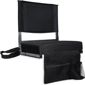 Stadium Seat for Bleachers with High Back Support and Cushion, Bleacher Seat with Shoulder Strap, 3-Inch Thick Padded Foam Portable Folding Comfort Stadium Chair, Includes Storage Bag and Cup Holder (Black)