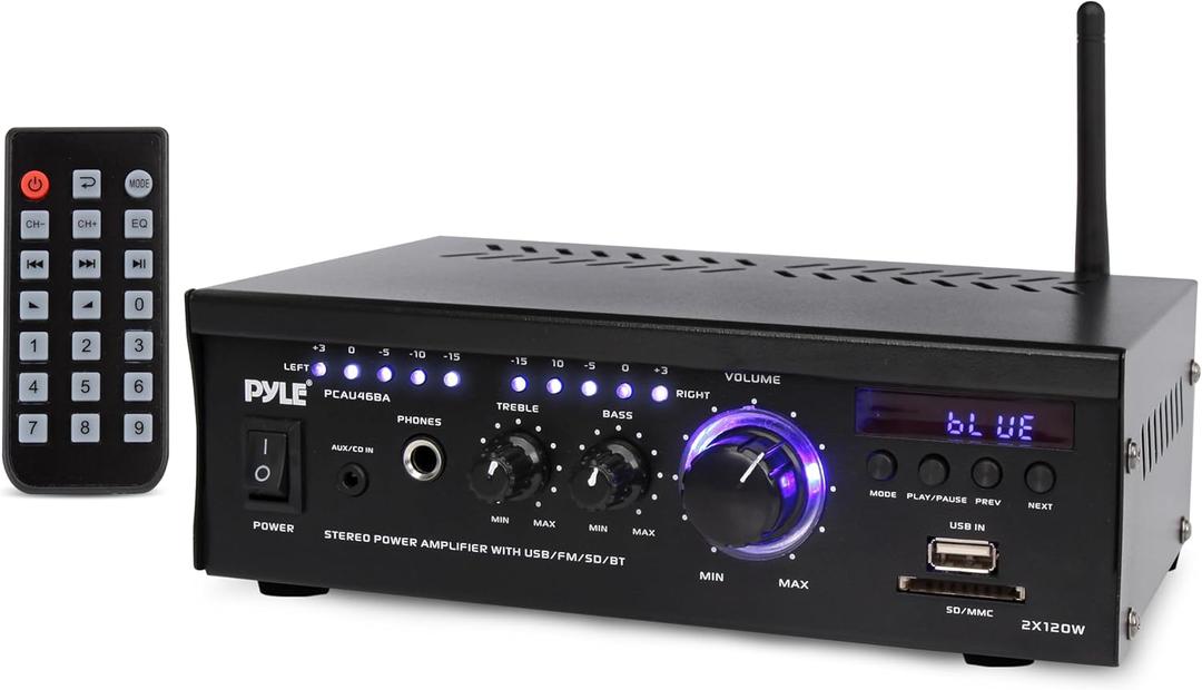 PyleUsa Bluetooth Computer Speaker Amplifier - 2x120 Watt Home Stereo Power Amplifier Home Audio Receiver System W/Blue Led Display, USB/SD, AUX, RCA, Headphone Jack - Remote - PCAU46BA.6