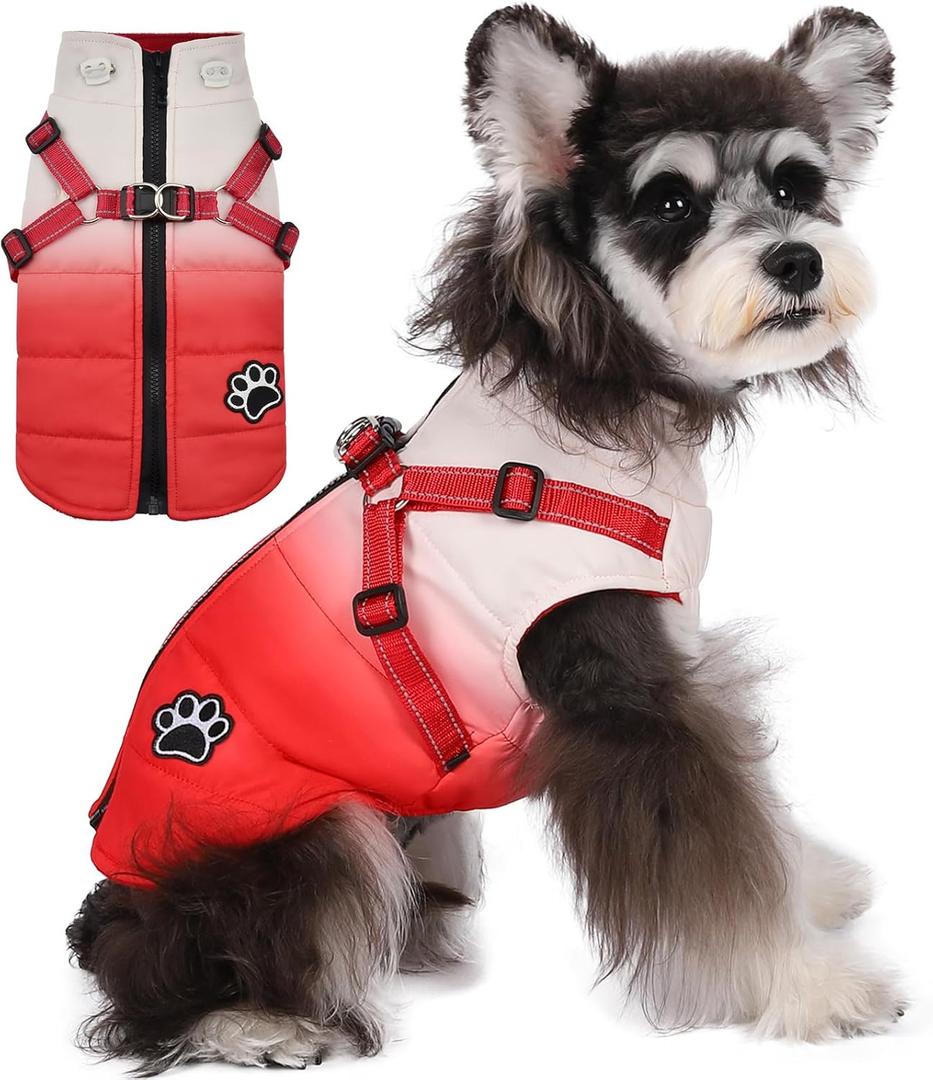 Norbi Dog Winter Coat, Gradient Dog Coat with Harness Reflective Adjustable Straps Warm Dog Coats, Stylish Dog Jacket Vest for Small Medium Dogs (S, Gradient Red)