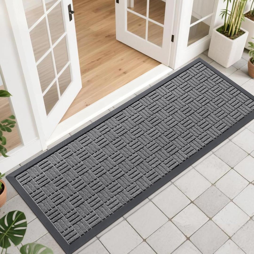 OLANLY Front Door Mat Outside Entrance 47x17, Absorbent, Heavy Duty Sturdy Natural Rubber Doormat Indoor Outdoor, Stain and Fade Resistant, Non-Slip Backing Low Profile Floor Mat for Entryway, Grey
