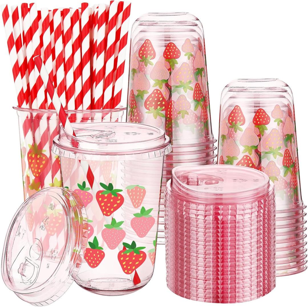 LemonRoad 50 Sets Pink Strawberry Clear Plastic Cups with Lids & Straws 16 oz Party Tumblers for Iced Coffee, Smoothies, Juice & More Cute Disposable Pet Mugs for Birthdays & Gatherings