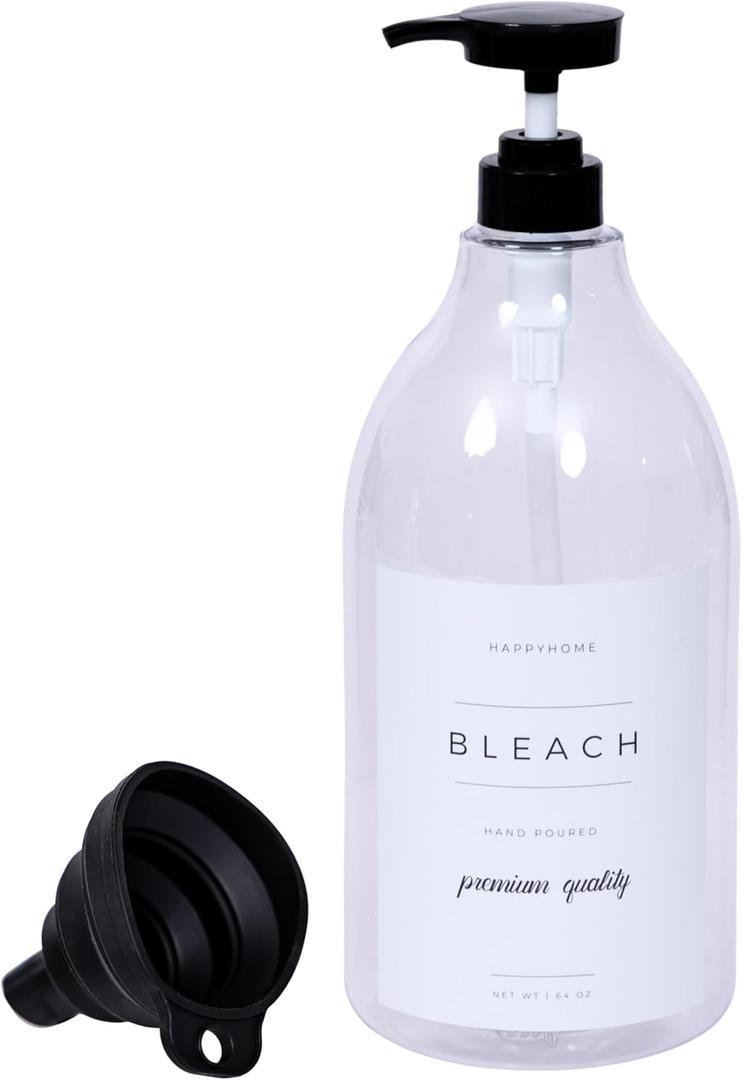 Liquid Bleach Dispenser for Laundry Room - Decorative 64-Oz PET Plastic Container with Waterproof Label - Includes Pump, Screw Cap, and Collapsible Funnel (Bleach Bottle)