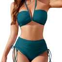 Blooming Jelly Womens High Waisted Bikini Sets Sexy Bandeau Tummy Control Swimsuits Halter Two Piece Ruched Bathing Suit (Large, Teal)