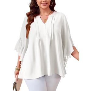 SCOMCHIC Women's Plus Size Blouse 3/4 Sleeve V Neck Chiffon Dressy Casual Shirts Business Work Office Tunic Tops XL-5XL (White)