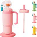 Drinking Cup With Whale Squirt, 24oz Whale Water Bottle with Handle, Insulated Stainless Steel Whale Water Cups With Two Silicone Soft Tip, Leak-Proof Whale Fountain Bottle for Kids Teens (Pink)