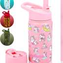 FAHRMOSIS 14 OZ Kids Water Bottle with Straw & 2 Lids (Flip & Spout) Leak Proof Metal Insulated Stainless Steel Reusable Tumbler for School & Sports Water Bottle - Pink (Unicorn)