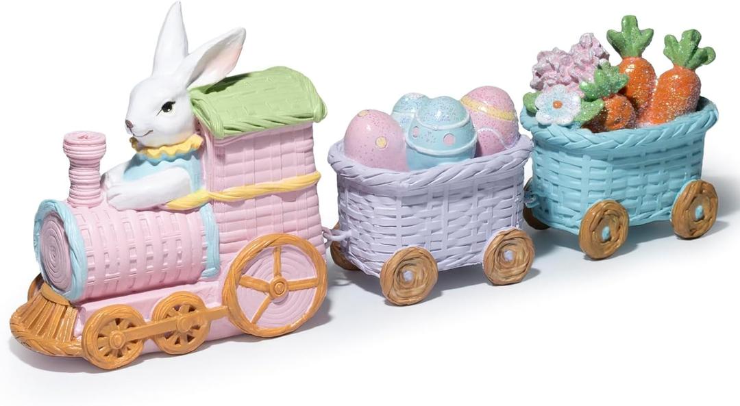 Hodao Easter Bunny Train Figurine, Woven Look Spring Table Decor with Eggs and Carrots, Bamboo-Style Easter Decoration for Home, Mantel, Shelf & Farmhouse Spring Display (Multicolor-3)