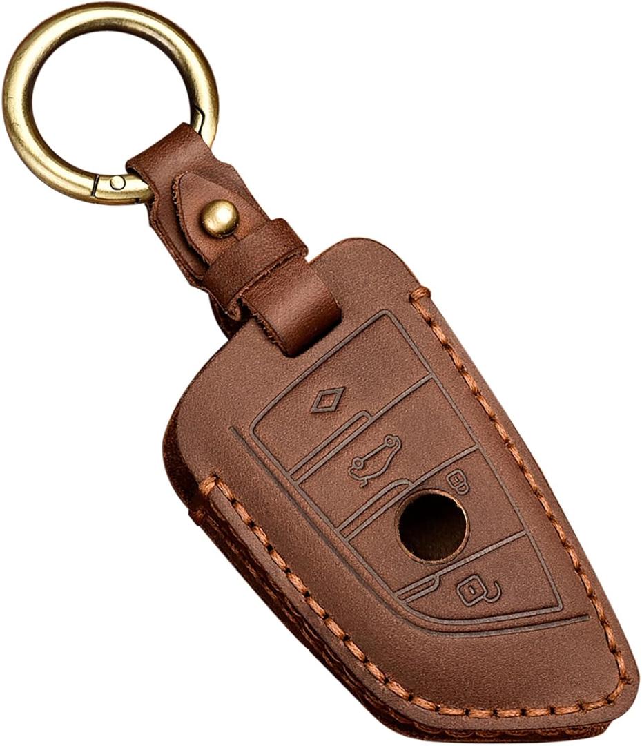 OLLEN Genuine Leather No Screws Key Fob Cover Fit for BMW 5 6 7 Series X1 X2 X3 X5 X6 GT Series etc, Blade Shape, Brown