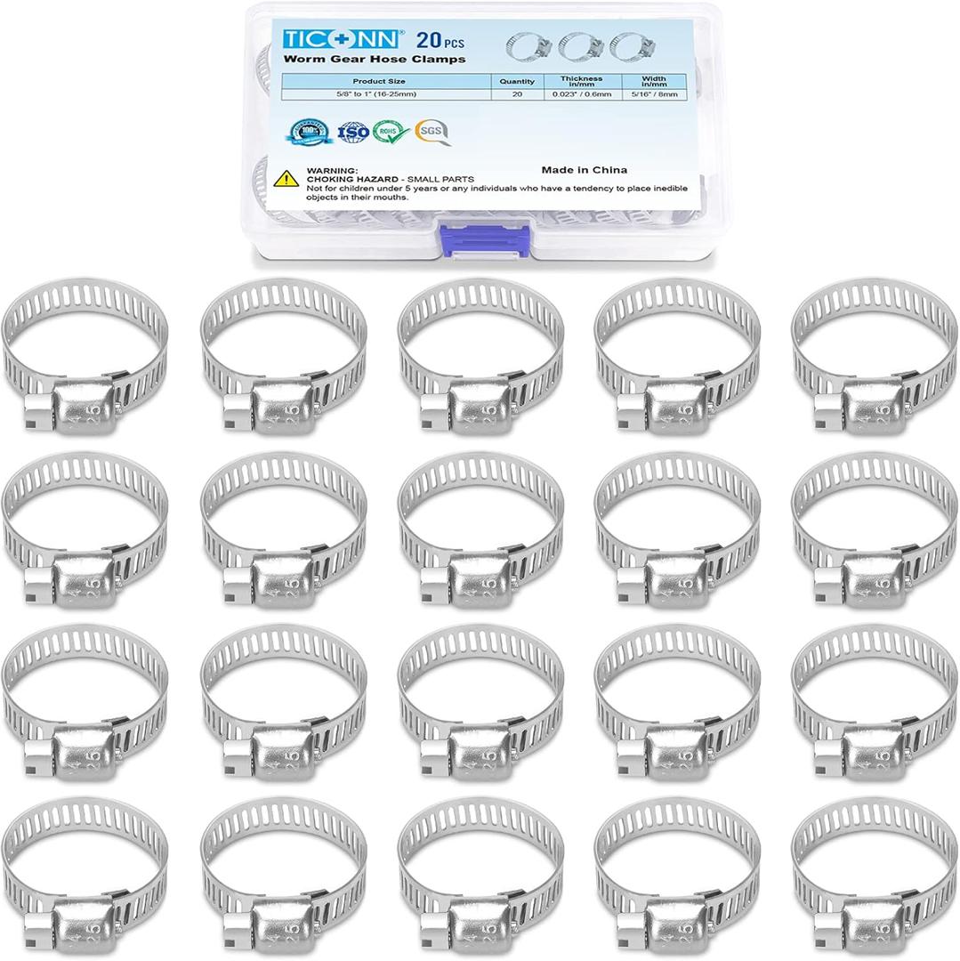 2 x TICONN 20PCS Hose Clamp Set - 5/8''1'' 304 Stainless Steel Worm Gear Hose Clamps for Pipe, Intercooler, Plumbing, Tube and Fuel Line