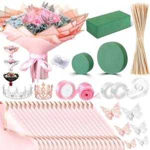 XunYee Thanksgiving Money Bouquet Kit 20 Sheet Flower Wrapping Paper 100 Pcs Bamboo Skewers Floral Foam Blocks for Anniversary Birthday Gift Graduation Valentine Mother's Day(Pink)