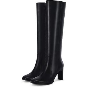 Coutgo Womens Square Toe Knee High Boots Leather Chunky Heel Fashion Dressy Winter Shoes with Side Zipper (7, Black)