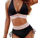 Blooming Jelly Women High Waisted Bikini Sets Tummy Control Swimsuits Color Block Two Piece Drawstring Bathing Suit (Black, L)