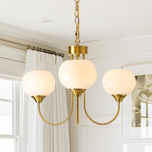 FEAZAC Modern Globe Chandelier 3 Light Mid Century White Milk Glass Vintage Sputnik Chandeliers Gold Pendant Light Fixtures for Dining Room Kitchen Living Room Bedroom (Chain)