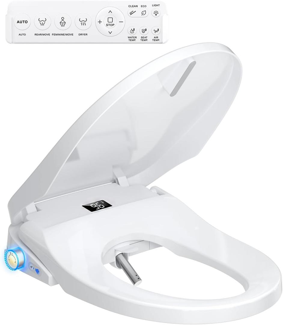 Bidet Toilet Seat Elongated, Electric Heated Seat with Instant Warm Water, Remote & Side Knob Control, Self-Clean Nozzle, Soft Close Lid, Night Light, Warm Air Dryer (White)