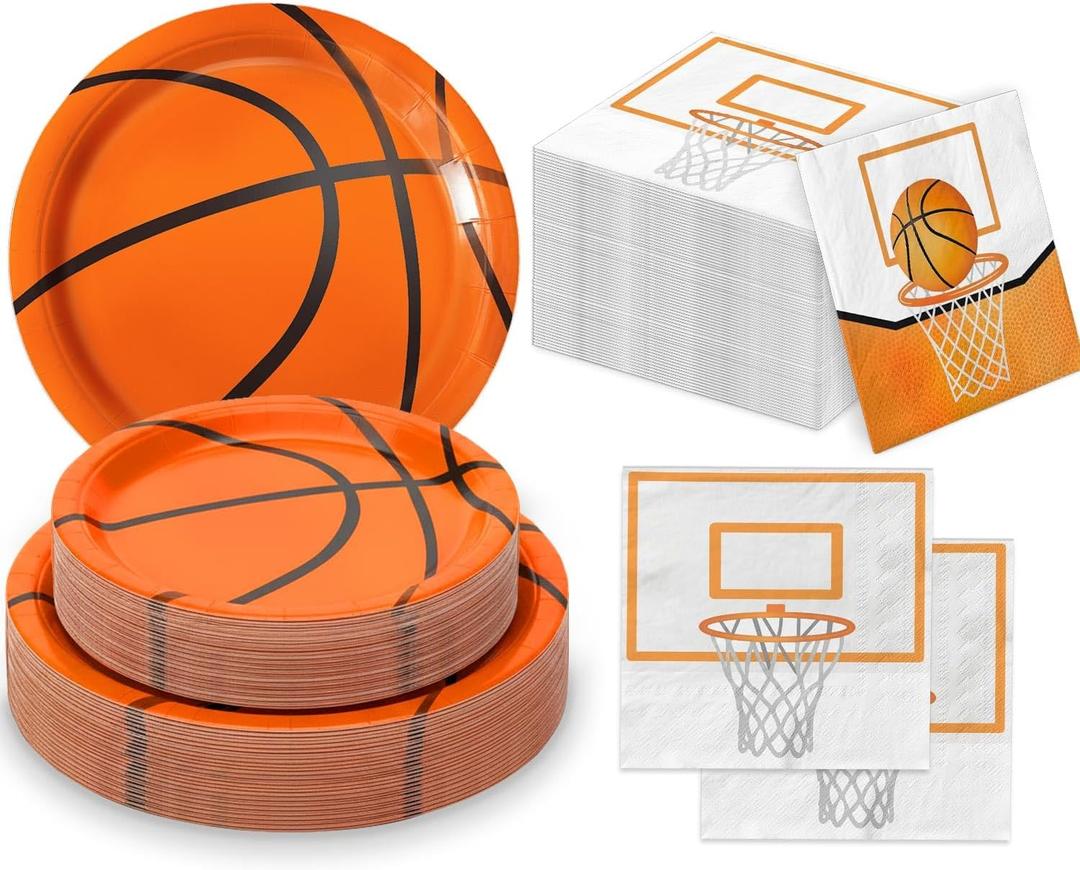 QIYANPAX 150 PCS Basketball Plates and Napkins Supplies - Dinner & Dessert Plates, Napkins for Basketball Birthday Party Decorations, Serves 50