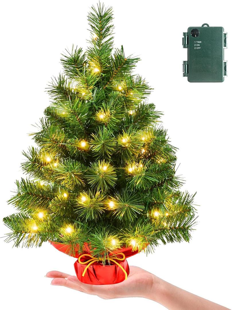 Pre-lit 2ft Small Christmas Tree, Leeheeyee Artificial mini Christmas Tree with 50 LED Lights, Battery Operated Tabletop Xmas Tree with Burlap Base for Table Desk Home Christmas Decor