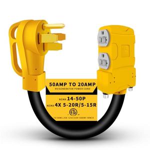 Overload Protection 50Amp to 20 Amp 110V RV Generator Distribution Adapter, 50 Amp to 110 Adapter, NEMA 14-50P to 4 X 5-20R/15R, 4-Prong 50A to Multiple Household Outlet Adapter, ETL Listed 1.5FT