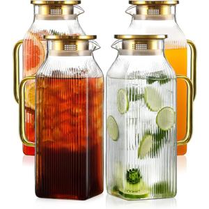 4 Pack 2 Liter/68 oz Square Glass Pitcher with Lid, Classic Stripes Water Pitchers with Handle for Fridge, Large Jug for Iced Tea, Coffee, Borosilicate Glass Carafe for Hot/Cold Brew Drink, Gold