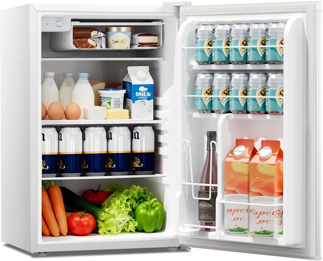 Kismile 4.41 Cu Ft Mini Fridge with Freezer, Reversible Door Compact Refrigerator with Adjustable Thermostat, Quiet & Energy Efficient Small Refrigerator for Bedroom, Office, Dorm, Apartment, White