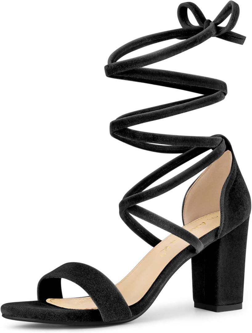 Allegra K Women's Faux Velvet Lace Up Chunky Heel Strappy Sandals (6.5)