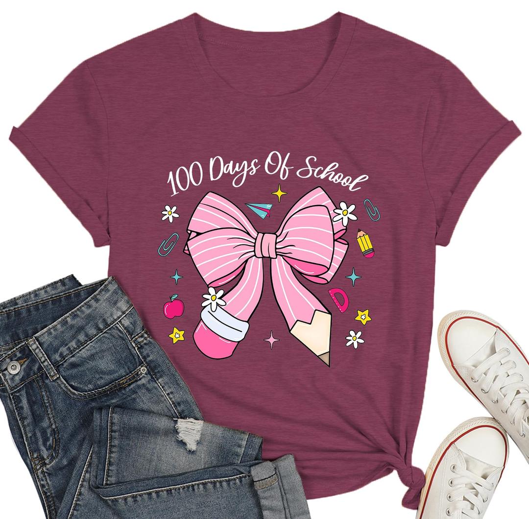 100 Days of School Shirt for Women-Happy 100th Days T-Shirt-Bow Pencil Teacher Top Tee Back to School Teaching Life Tee Red, XXL