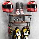 Motorcycle Helmet Holder Wall Mount, 2-Tier Helmet Rack with 2 Hat Stands, Motorcycle Accessories Gear Storage Organizer Display for Men Jackets, Caps in Garage, Living Room (Rustic Brown)