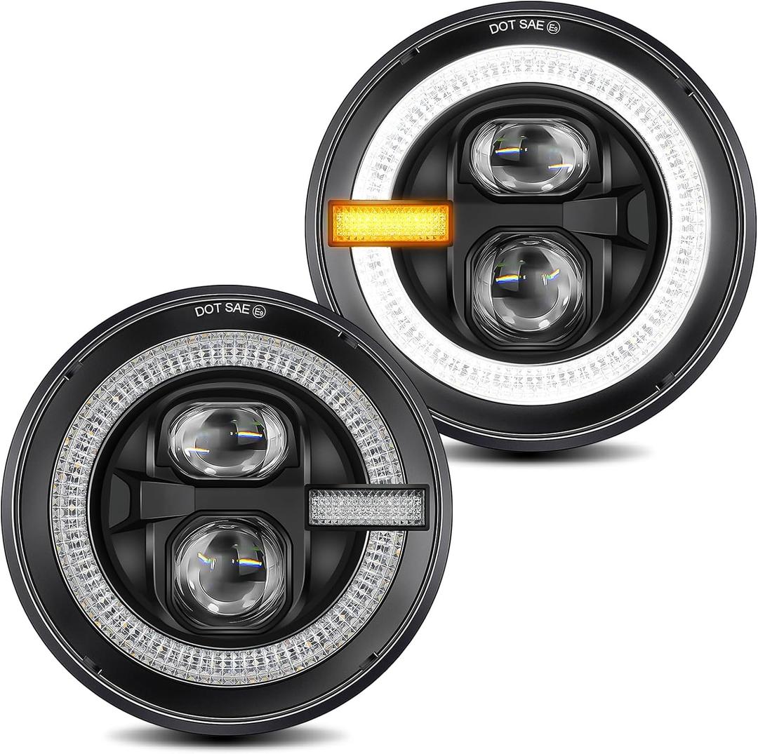 UNI-SHINE 7 Inch Round LED Headlights, 2PCS H6024 Projector Headlights with Halo DRL & Amber Turn Signal, DOT Approved Hi/Lo Beam, Compatible with Jeep Wrangler JK TJ CJ LJ, Chevy, Miata
