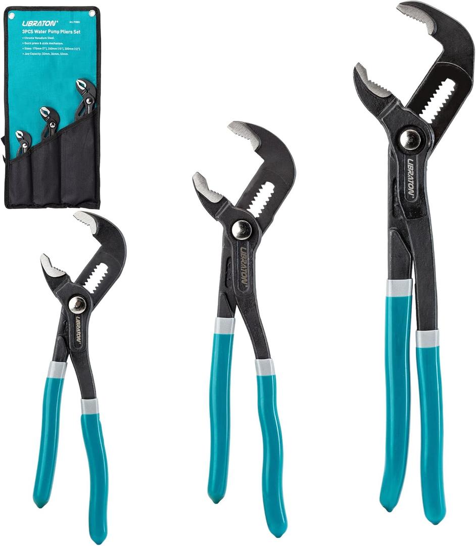 Libraton CR-V Steel Plumbing Pliers Set - Groove Joint & V-Jaw Tongue & Groove Pliers, Pipe Grips, Ratcheting Push Button Adjustment, 3PCS