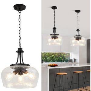 Modern Black Chandelier for Dining Room,3-Light Dining Room Light Fixture Over Table with 14.2" Clear Air Bubble Glass Shade,Industrial Hanging Pendant Lights Fixture for Kitchen Island Entryway Foyer