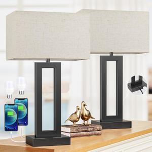 Cream & Black Modern Bedside Lamps - 22" Tall, Touch USB C+A, 3 Way Dimmable Set of 2 for Night Stands & End Tables