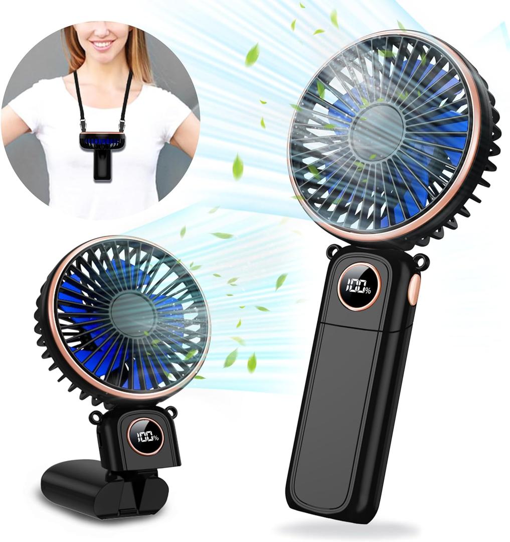 Portable Handheld Fan 5200mAh, USB Rechargeable Foldable Electric Personal Small Mini Hand Held Fan, 22Hrs Runtime, 6 Speeds, LED Display, Battery Powered, Gift for Men, Women, Travel, Outdoor, Makeup (Black)