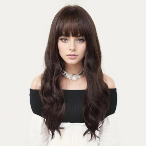 GNIMEGIL 25 Inch Long Wavy Wig With Bangs Natural Curly Hair Medium Dark Brown Wigs For Women Dilay Use Heat Resistant Synthetic Wig