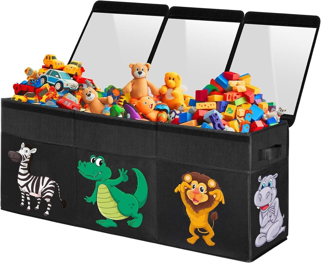 Extra Large Toy Box, Collapsible Sturdy Toy Storage Organizer with Lids, Dinosaur Storage Box for Boys Girls, 42"x16"x14" Kids Bin Chest Baskets for Living Room, Playroom, Bedroom, Nursery, Black (155L)