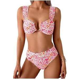 SOLY HUX Women's Floral Print Swimsuit V Wire High Waisted Bikini Set Two Piece Bathing Suit M