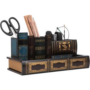 Decorative Pencil and Pen Holder with Storage Drawer, Wooden Desk Organizer Caddy, Antique Library Books Design Pen Cup for Office Supplies, Countertop, Desk,Table (Reddish brown)