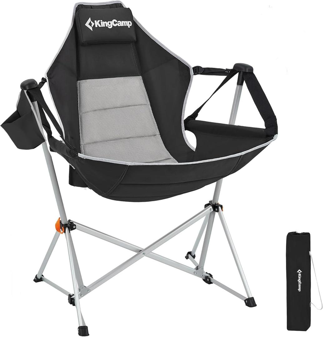 KingCamp Hammock Chair with Footrest, Swinging Portable Folding Camping Chairs for Adults MAX 400lbs Heavy Duty Foldable Oversized Rocker with Cup Holder Pillow for Outdoor Beach Patio Sport Lawn (Deluxe Black/Grey)