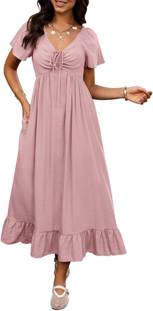 BTFBM Womens Spring Dresses 2026 Casual Short Sleeve V Neck Drawstring Wedding Guest Maxi Dresses Boho Beach Long Dress (S)